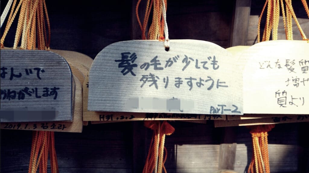 Kyoto hair shrine Mikami Shrine prayer plaque - "Please let me have even just a little bit of hair left.