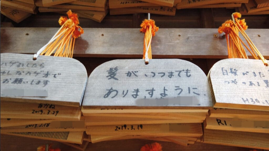 Kyoto hair shrine Mikami Shrine prayer plaque - "May I always have hair"