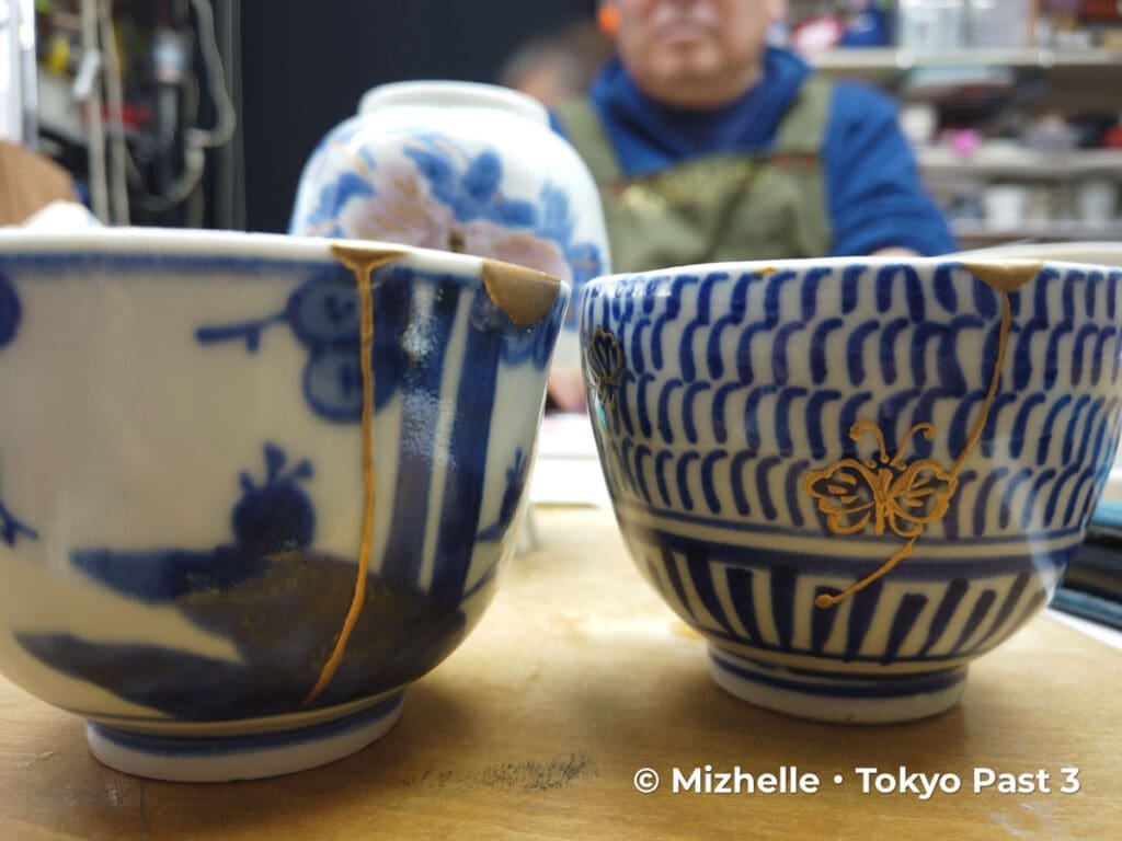 Tea cups repaired via kintsugi