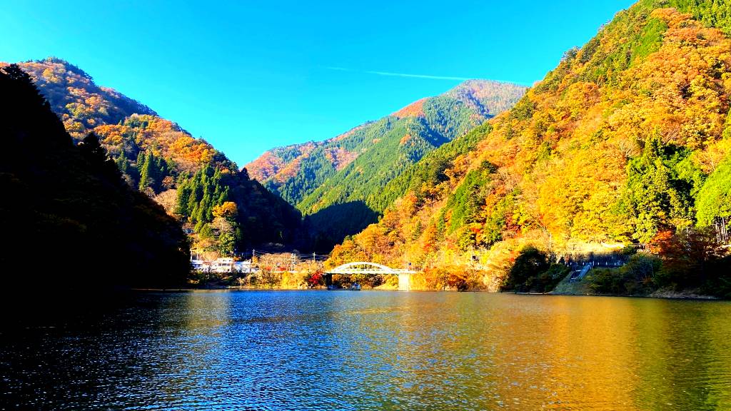 View of fall foliage from Tozura floating bridge